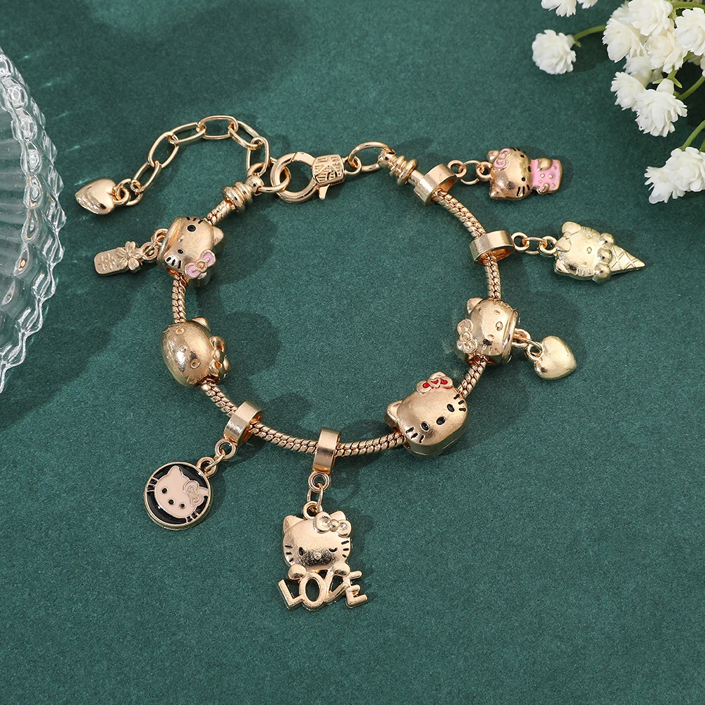Gold Color Hello Kitty Charms Bracelets Kawaii Sanrio Anime Figure Beads Pendant - £10.69 GBP