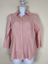 Land&#39;s End Womens Size 8 Pink Check Button Up Shirt 3/4 Sleeve Cotton - £8.49 GBP