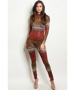 Womens Red and Mustard Gold Long Sleeve Rustic Shiny Bodycon Catsuit Jum... - $33.00