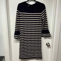 Talbots Womens Navy Blue Cream Striped Bell Sleeve Sweater Dress Bow Med... - $44.55