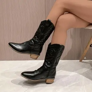 Gold Mid-calf Boots Woman Side Zipper Silver Pointed Western Cowboy Boots Retro  - $50.43