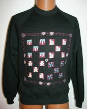 Vintage 80s JERZEES Raglan Quilt Pattern Sweatshirt L Bears Hearts Cats Grandma  - £15.89 GBP