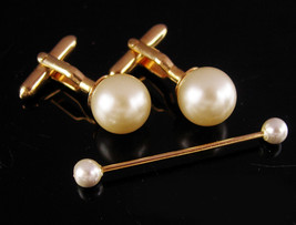 Vintage Pearl Cufflinks - swank pearl collar bar - Gold tuxedo set - barbell col - £121.88 GBP