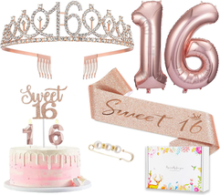 Sweet 16 Birthday Decorations for Girls, 8Pcs Including 16Th Happy Birthday Cake - £19.78 GBP