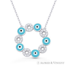 Evil Eye Enamel &amp; CZ Crystal 20mm Pendant Turkish Nazar Sterling Silver Necklace - £24.93 GBP