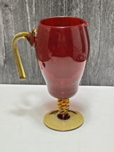 Vintage Ruby Red and Amber Blown Glass Tall Footed Pitcher Applied Handl... - $47.52