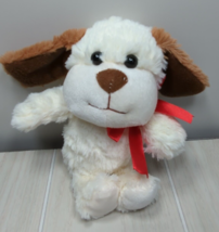 Galerie small plush cream puppy dog brown ears nose tail red satin bow - $9.89