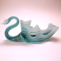 Vintage 1970&#39;s Swirled Art Glass Swan Bowl Planter Blue Turquoise Green 10.5&quot; - £15.05 GBP