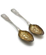 Pair Antique Danish Silver Fruit Berry Serving Spoons Gilt Vermeil Three... - £117.48 GBP