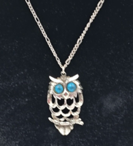 Silver Tone Owl Pendant Necklace w/ Faux Turquoise Eyes - 18&quot; Chain - $18.37