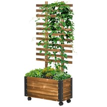 Farmhouse Rustic Wooden Raised Garden Bed Planter with Trellis on Wheels - £163.46 GBP