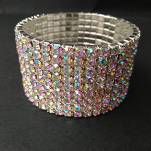 9-Row Rhinestone Stretch Bangle Bracelet Silver Plated and Gold Color Bridal Wed - £11.05 GBP