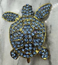 Sea Turtle Blue Rhinestone Brooch Gold Tone Pave Crystal Ocean Pin - $17.81