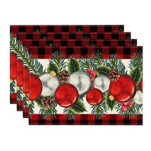 Red Black Buffalo Plaid Holly Pine Cones Christmas Balls Placemats Set O... - £16.44 GBP