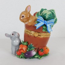 Happy Easter Bunnies Spring Vegetables Hinged Ceramic Trinket Box CWC 5.75&quot; FLAW - £12.32 GBP