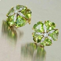 14k White Gold Plated 2.30Ct Heart Simulated Green Peridot Flower Stud Earrings - £81.74 GBP
