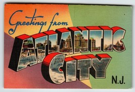 Greetings From Atlantic City New Jersey Large Letter Linen Postcard Unused Hotel - £15.76 GBP