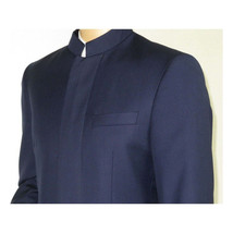 Men Apollo King Banded Collarless suit Mandarin 5 Hidden Button Panel AG52 Navy image 7