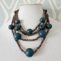 Plunder Vintage Blue &amp; Brown Wood Beaded Layered Necklace - £8.70 GBP