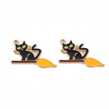 2 Black Cat Charms Witch Broom Pendants Halloween Kitty Findings Gold Enamel - £4.76 GBP