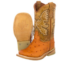 Kids Toddler Cognac Ostrich Quill Cowboy Boots Print Leather Square Toe - £44.19 GBP