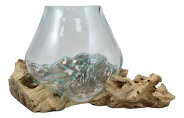 Balinese Handicraft Natural Driftwood With Fitted Hand Blown Glass Bowl 7&quot;L - £47.99 GBP