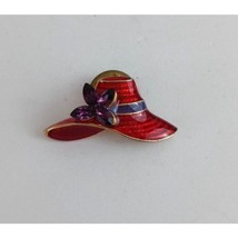 Vintage Red Hat Society Red Hat With Purple Jewel Flower 3D Enamel Lapel Hat Pin - £6.57 GBP