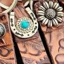 Brown Tooled Leather Keychains Bag Charm Style 2 Silver Horseshoe Turquoise - $13.86