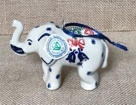 Boleslawiec Poland Pottery Elephant Ornament Figurine Pine Bow Bells Christmas - £15.82 GBP