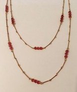 Double Necklaces Red Orange Iridescent Beaded Gold Metal Chain Handmade ... - £30.36 GBP