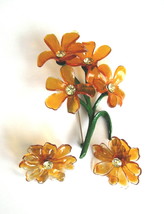 Cellulose Acetate/Lucite Flower Pin and Earrings Set Translucent Orange/Amber   - £59.25 GBP