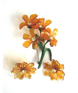 Cellulose Acetate/Lucite Flower Pin and Earrings Set Translucent Orange/... - £56.41 GBP