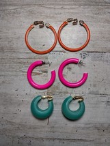 3 Pairs Vintage 80s Style Colorful Hoop Earrings Post &amp; Clip On Orange Pink Teal - £6.98 GBP