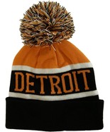 Detroit City Name Wide Stripe Winter Knit Pom Beanie Hat (Orange/Black) - $27.28 CAD