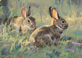FRAMED CANVAS ART PRINT Giclee rabbits bunny hare wildlife nature painting - £31.57 GBP+