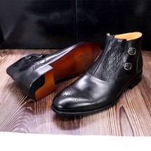 British Style Mens Ankle Boots Genuine Leather Handmade Zip Strap Double Buckle  - £99.14 GBP