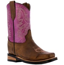 Kids Western Boots Classic Stitched Leather Purple Pull On Square Botas - £43.24 GBP