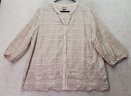 Chico&#39;s Blouse Top Women 3 Tan Plaid Cotton Embroidered Long Sleeve Butt... - $23.09