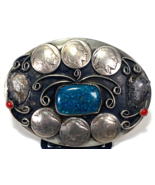 Vtg Native American Belt Buckle Indian Buffalo Nickel-Turquoise, Coral - $93.50