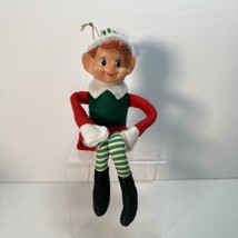Vintage Green &amp; Red Striped Knee Hugger Elf Ornament- 10” Christmas Pixie - £13.32 GBP