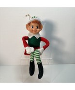 Vintage Green &amp; Red Striped Knee Hugger Elf Ornament- 10” Christmas Pixie - £13.33 GBP