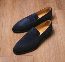 Handmade Men&#39;s Blue Genuine Cowhide Suede Leather Navy Blue Penny Loafer Shoes - £102.84 GBP+
