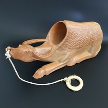 Vintage Mid Century Modern Carved Wood Water Buffalo Wine Bottle Holder Caddy - £83.91 GBP