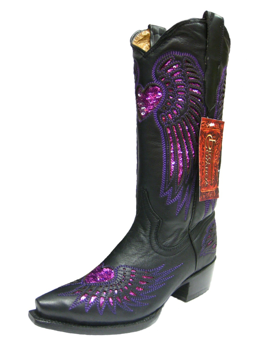 Womens Western Boots Cowboy Black Leather Fuchsia Sequins Heart Wings Si... - $76.82