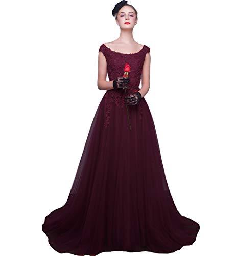 Kivary Plus Size Cap Sleeves Beaded Lace Long Prom Dress Evening Gown Dark Plum