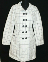 WHITE &amp; BLACK PLAID LONG TRENCH COAT SIZE SMALL JACKET LARGE BUTTON FRON... - £16.85 GBP