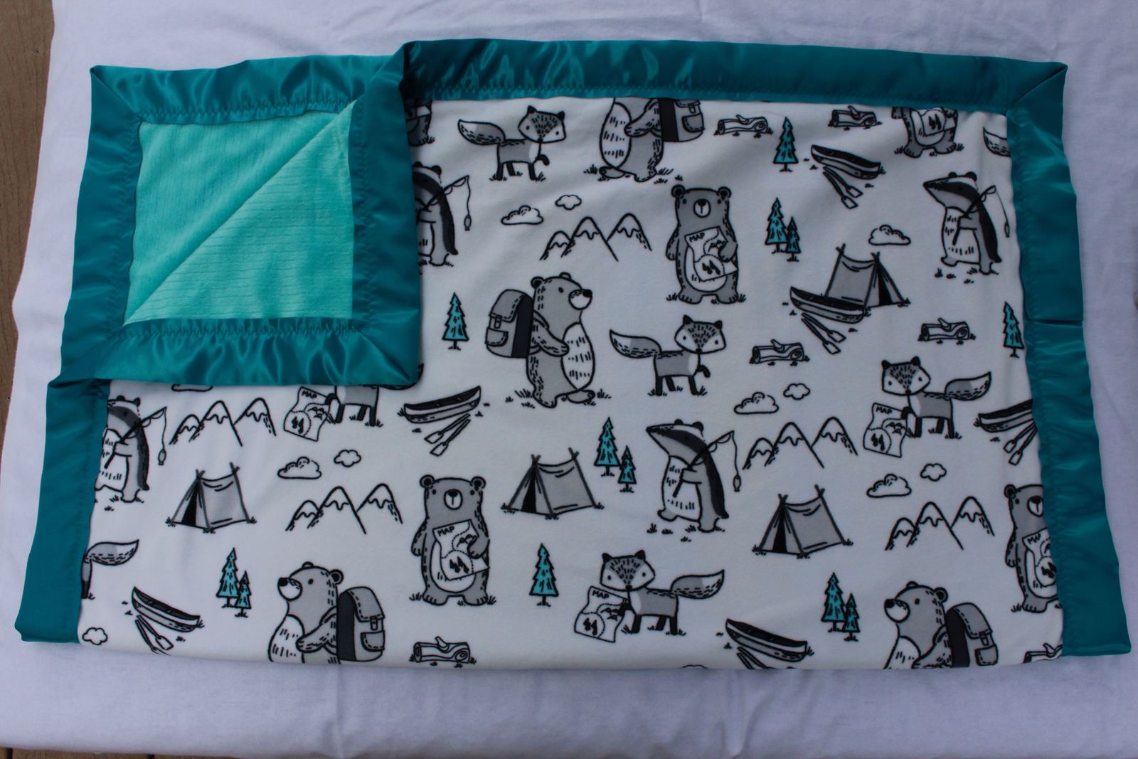 Primary image for Minky baby blanket - small - forest animals camping - teal stripe - standard