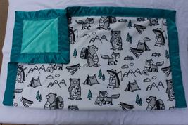 Minky baby blanket - small - forest animals camping - teal stripe - stan... - $50.00