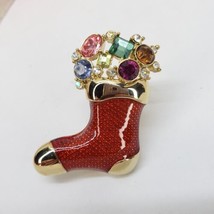 Vintage Red Enamel Lucite Rhinestone Christmas Stocking Brooch Silver Tone Pin - £11.95 GBP