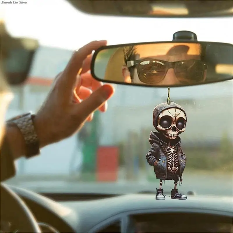 2D Printed Acrylic Car Hanging Cool Skeleton Figurines Halloween Skeleton Doll - £7.32 GBP